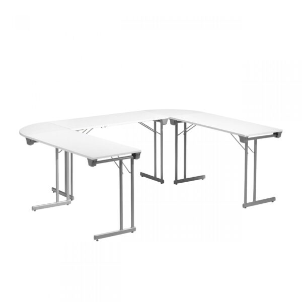 bord med vit skiva och silvergrått stativ